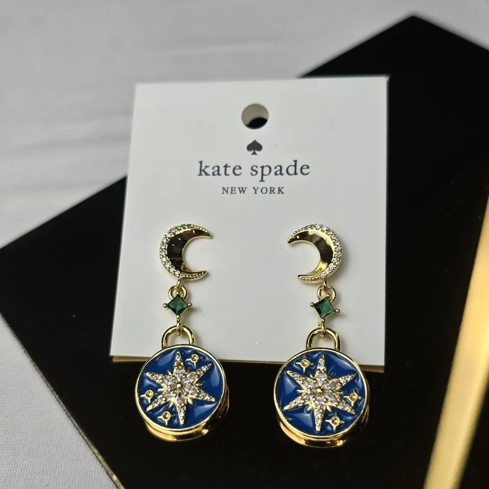 Kate Spade Gold-Tone Crystal Moon & Star Drop‎ Earrings ☆